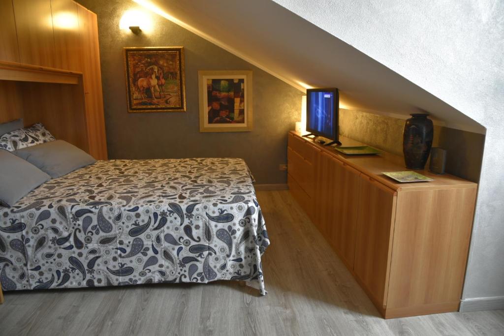 トリノにあるUn Soffice Nido Nel Cuore Di Torinoのベッドルーム(ベッド1台、ドレッサー内のテレビ付)
