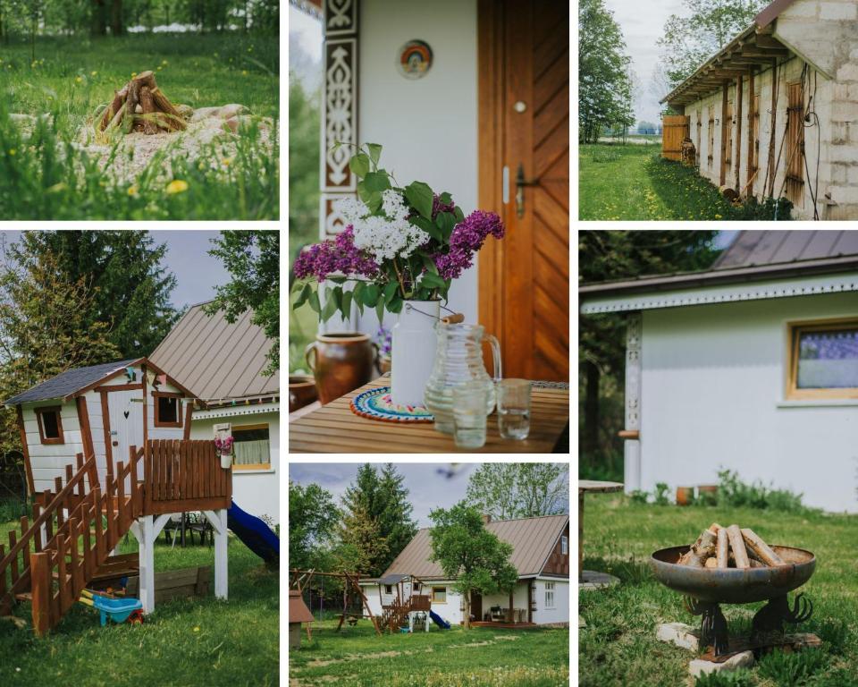 a collage of pictures of a house and a yard at Chata w Kamieniu in Kamień
