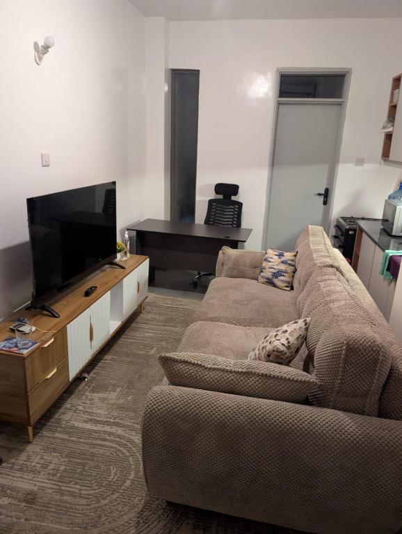 a living room with two couches and a flat screen tv at Alchemist Homes in Kiambu