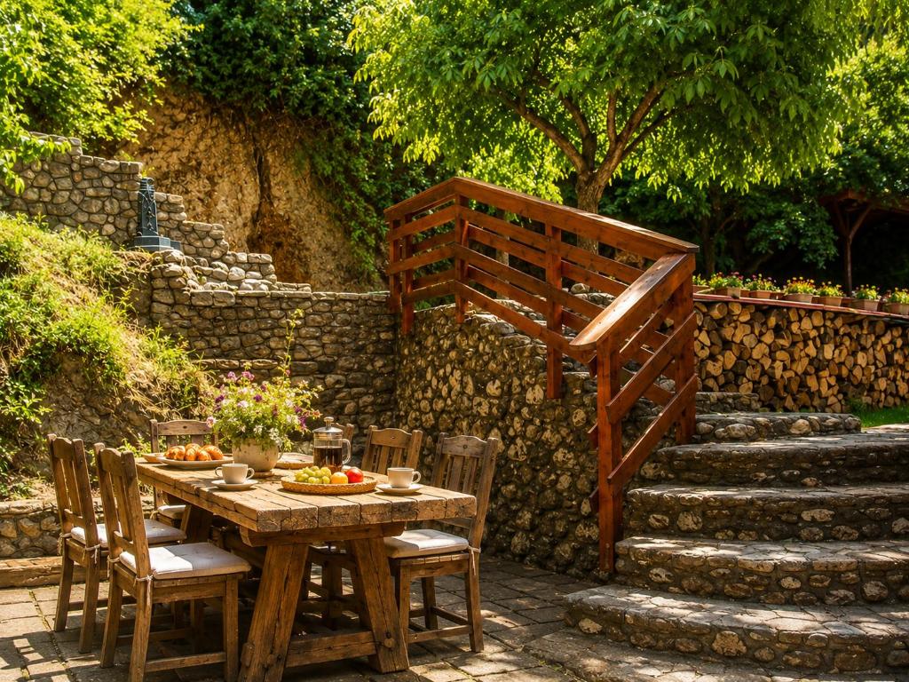 ein Holztisch und Stühle in einem Garten in der Unterkunft Rem's Pension in Râșnov