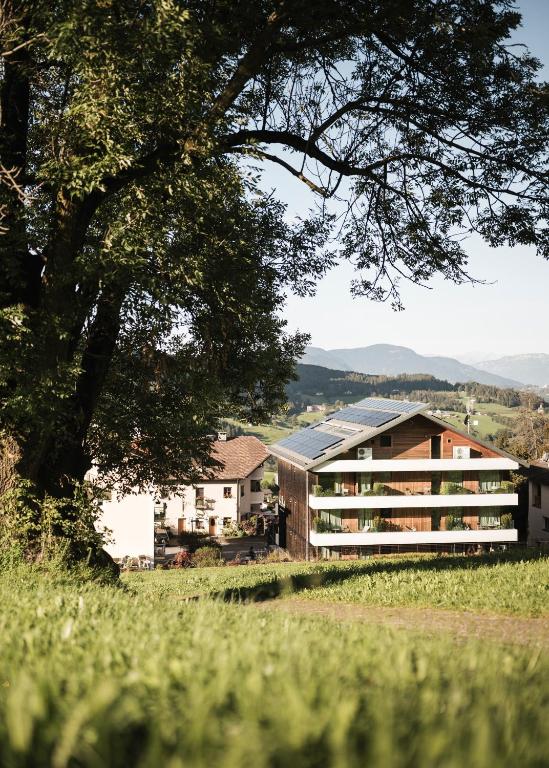a house in a field with a tree at La Paula Apartments & Suites in Siusi