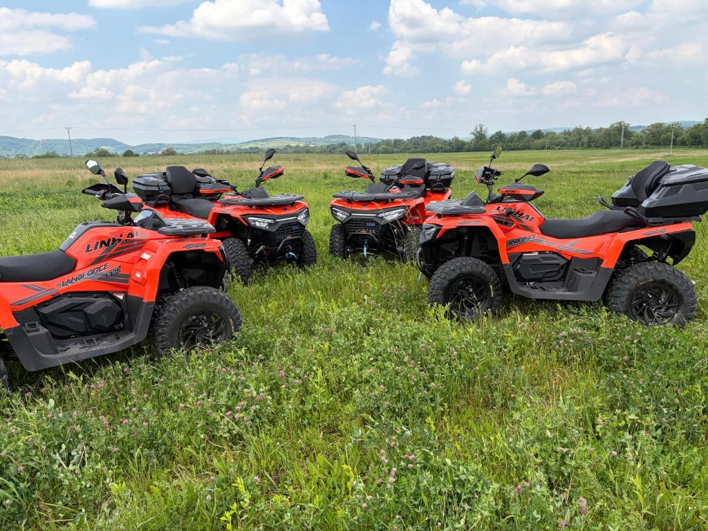 a row of four atvs parked in a field at Apartmán Lotos Jasenov Humenné in Humenné