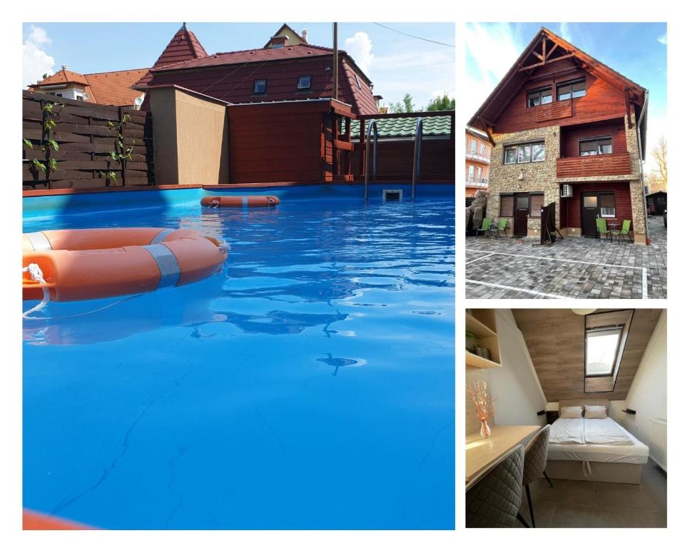 a collage of pictures of a house and a swimming pool at New Beachapartman in Siófok