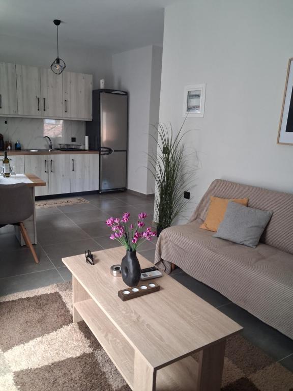 a living room with a couch and a coffee table at Elegance Apartments Mesologgi in Missolonghi