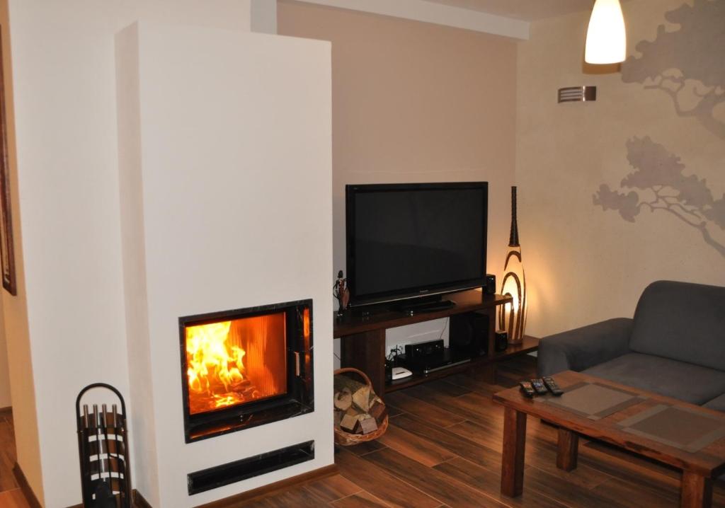a living room with a fireplace and a tv at W Cieniu Akacji in Jaworki
