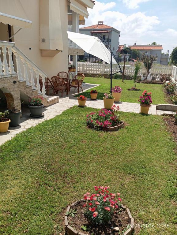 a patio with flowers in a yard with benches at S&A New Chile AXD in Alexandroupoli