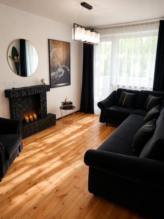 a living room with a couch and a fireplace at Romance Apartments in Panevėžys