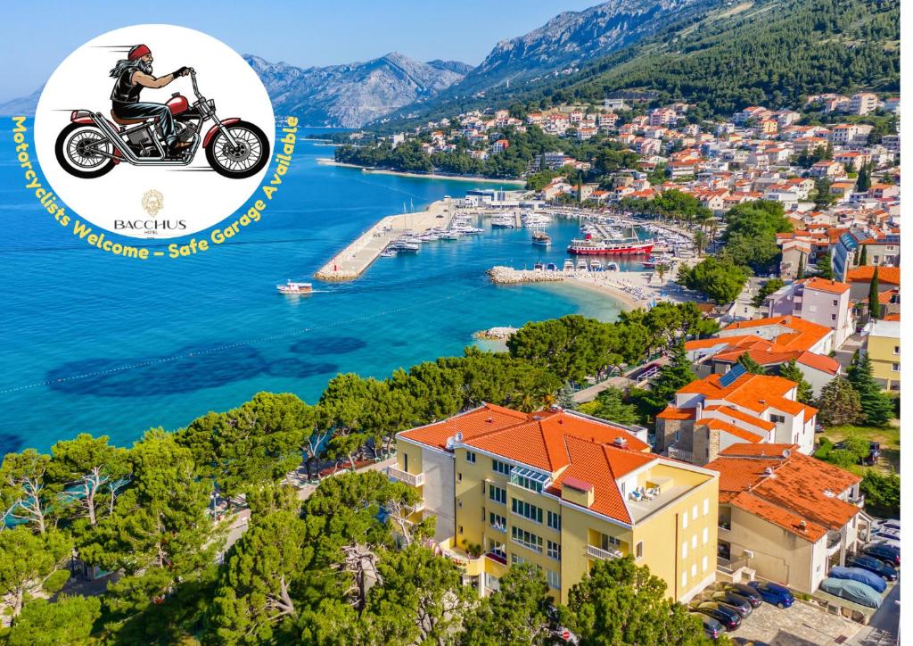 a person on a motorcycle flying over a city and water at Hotel Villa Bacchus in Baška Voda