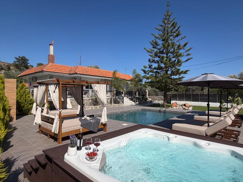 a swimming pool in a backyard with a house at S&T VILLA in Haraki