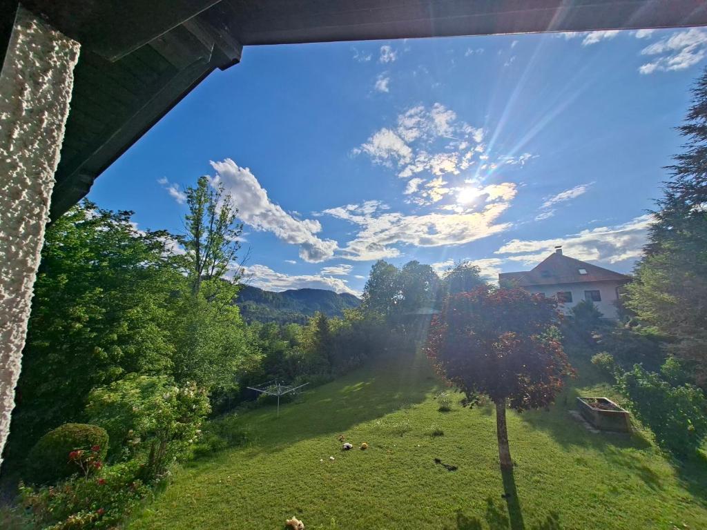 a view of a field of grass with the sun in the sky at Kleines Apartment in Pertitschach