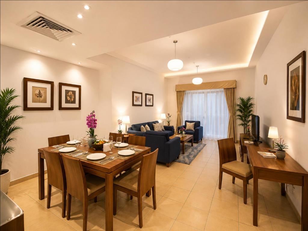 a dining room and living room with a table and chairs at Tulip Hotel Apartments in Dubai