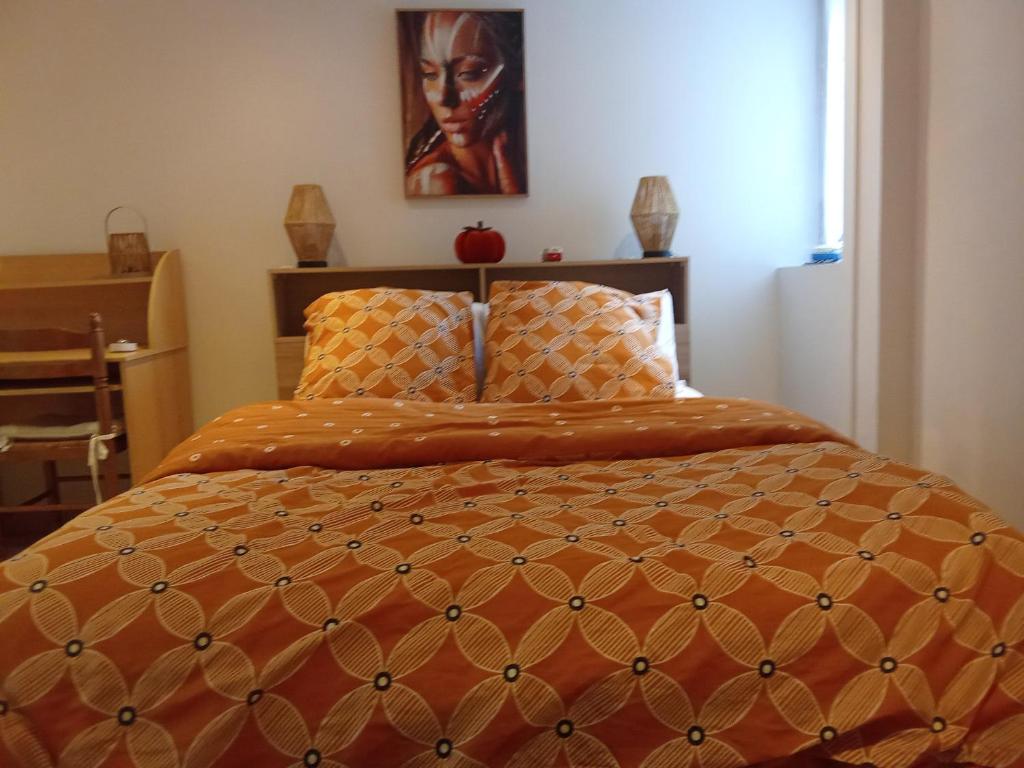 a bedroom with a bed with an orange comforter at Appartement Neuf Raismes in Raismes