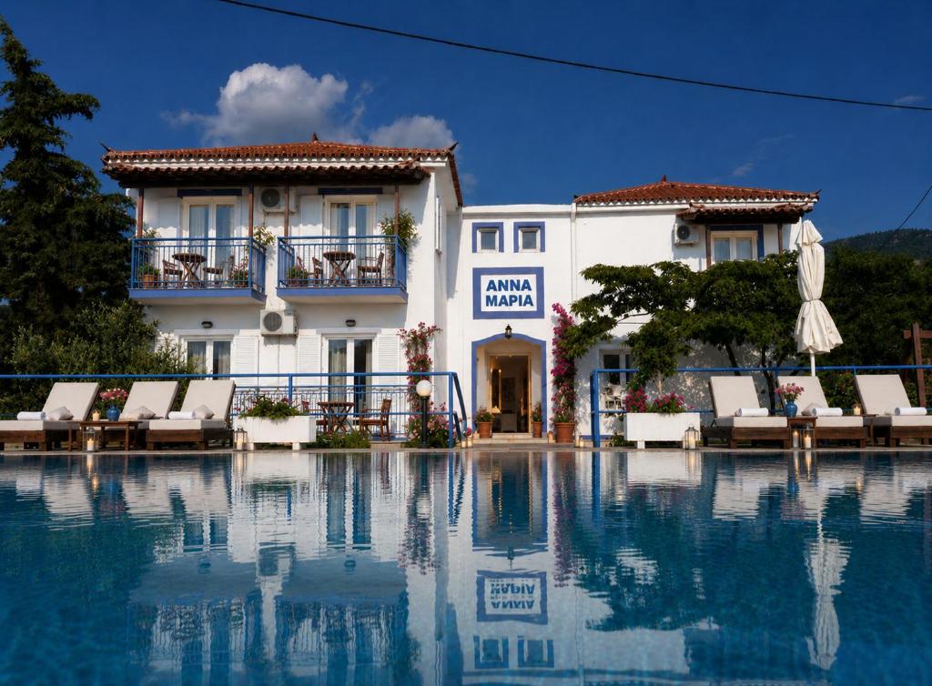 a hotel with a swimming pool in front of a building at Annamaria Studios & Apartments in Petra
