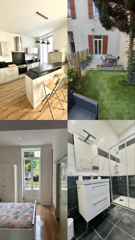 a collage of photos of a kitchen and a house at Le Gamay - Charmant T2 avec parking et Terrasse in Châtel-Guyon