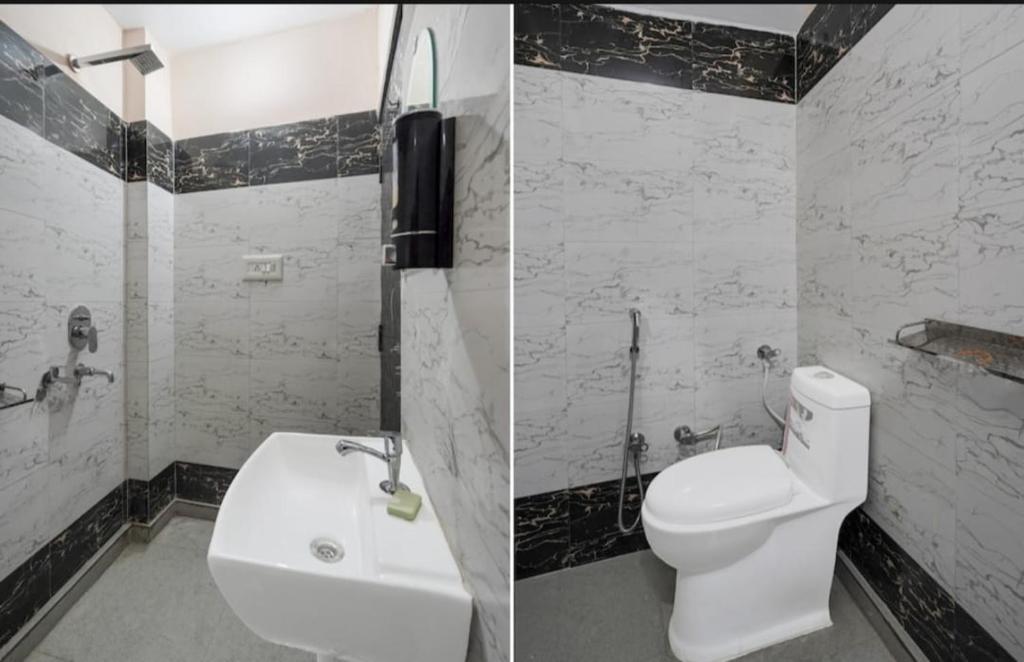 two pictures of a bathroom with a toilet and a sink at Park's Hotel Mbd in Morādābād