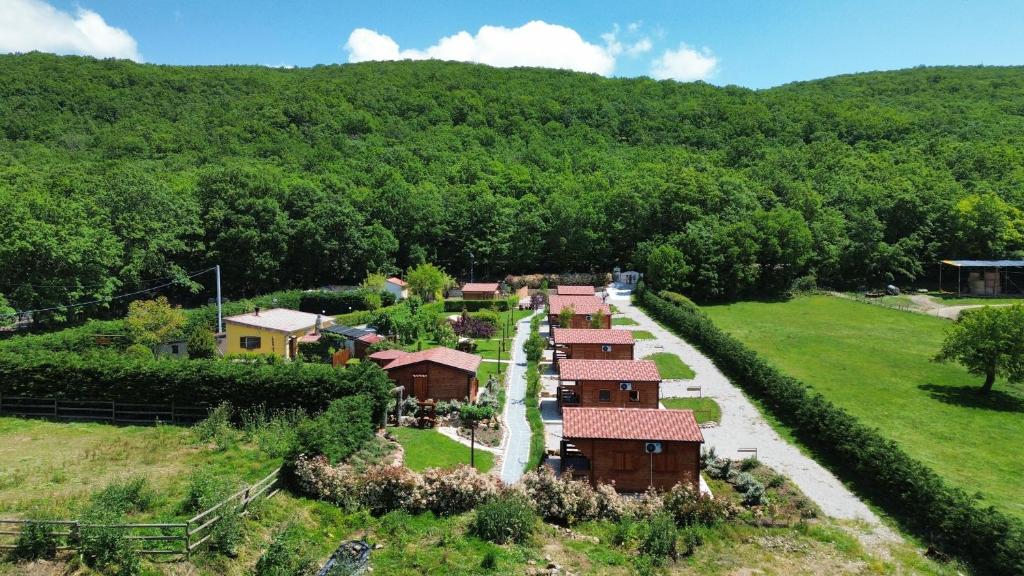 an aerial view of a farm with a group of houses at La Baita Del Bosco in Albano di Lucania