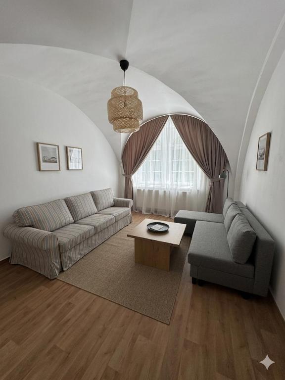 a living room with a couch and a table at Gipfelglück Sebnitz Apartment in Sebnitz