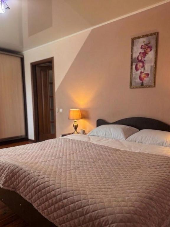 a bedroom with a large bed and a lamp at Затишні апартаменти Східна Перлина in Vinnytsya