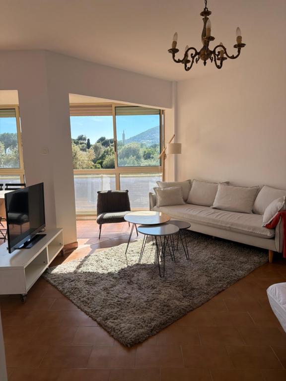 a living room with a couch and a table and a tv at Appartement sagone in Coggia