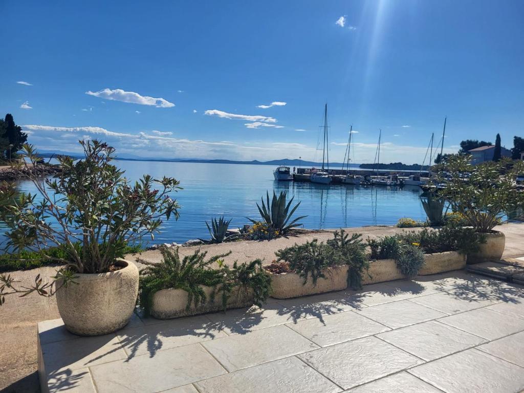 a view of a marina with boats in the water at Apartments Sea Reflections in Žman