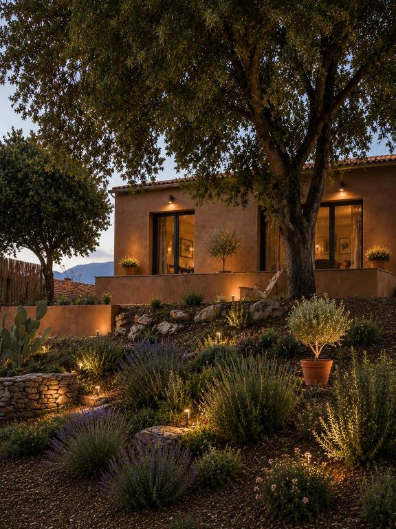 a home with a garden with plants and lights at Domaine Saveria in Ponte-Leccia