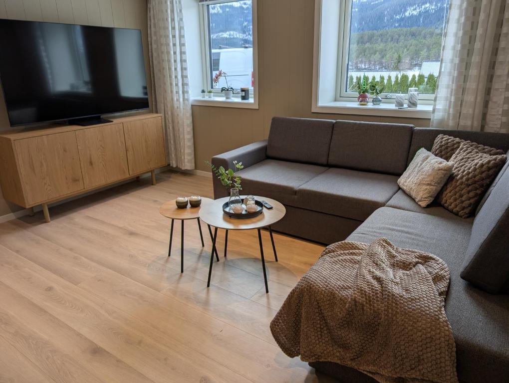 a living room with a couch and a flat screen tv at Leilighet på Voss in Vossevangen
