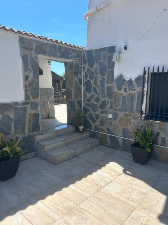a stone building with stairs and potted plants at Apartament Villa Luisa in Can Trabal