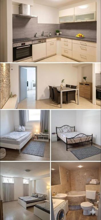 a collage of photos of a kitchen and a living room at FIRMENWOHNUNG Monteurunterkunft in Weng