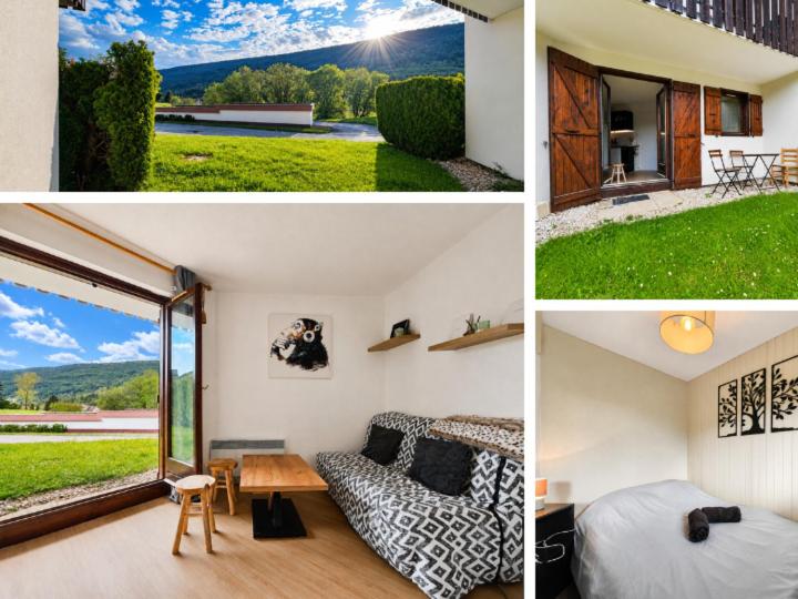 a collage of pictures of a bedroom and a house at Le refuge des sportifs - studio cosy jardin - wifi in Mijoux