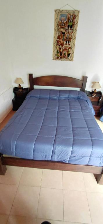 a bed with a blue comforter on it in a room at La Vilma Hospedaje Familiar in Paganini