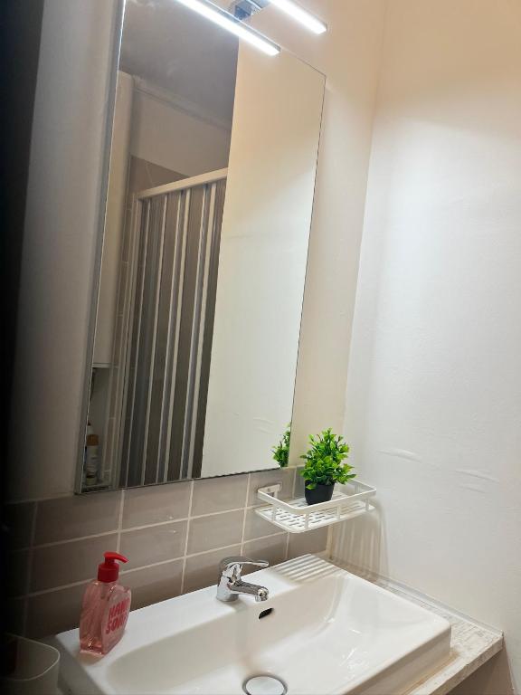 a bathroom with a sink and a large mirror at charmant studio in Le Bugue