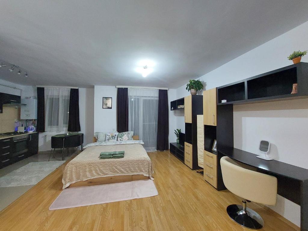 a large bedroom with a bed and a desk at Flower Apartment in Floreşti