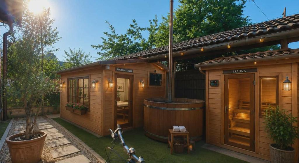 a small wooden house with a hot tub in the yard at Holiday Garden Nora in Gellénháza
