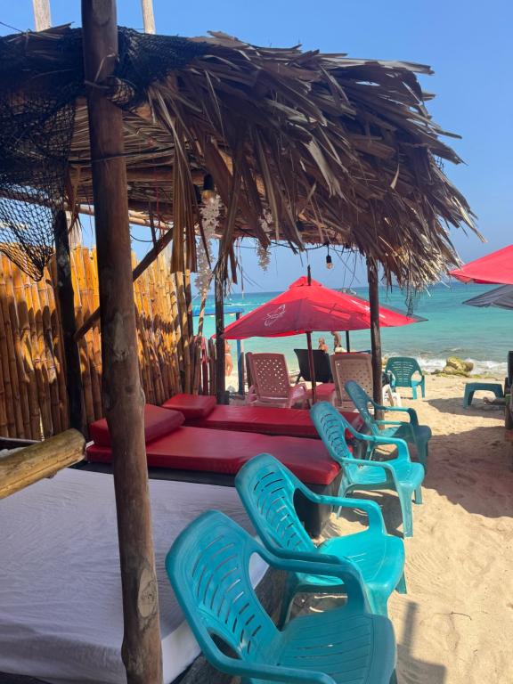 a group of chairs and umbrellas on a beach at Zulu beach in Cartagena de Indias