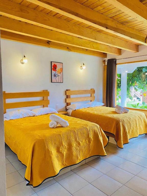 two beds with yellow sheets in a room at Hotel Ensueño del Bosque Valle de Bravo in Valle de Bravo
