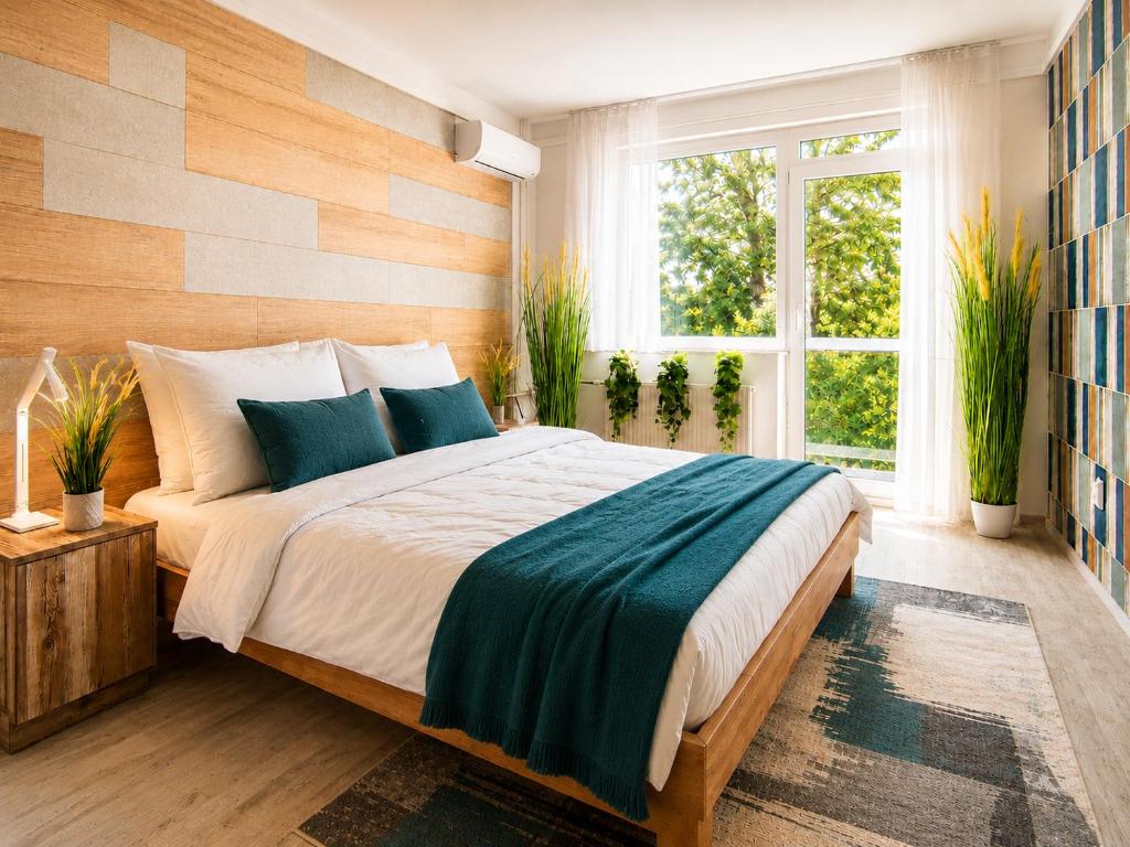 a bedroom with a large bed and a window at Comfort 65 2-Bedroom Apartment with Balcony in Miskolc