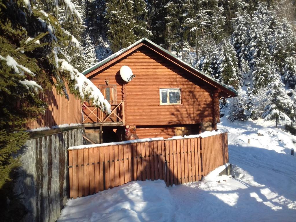 une cabane en rondins avec une clôture dans la neige dans l'établissement Farmstead Lisova, à Mijgiria