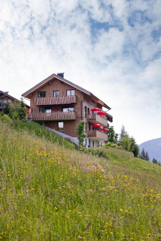 a building on top of a hill with a field of flowers at Appartements Berg 170 in Damuls