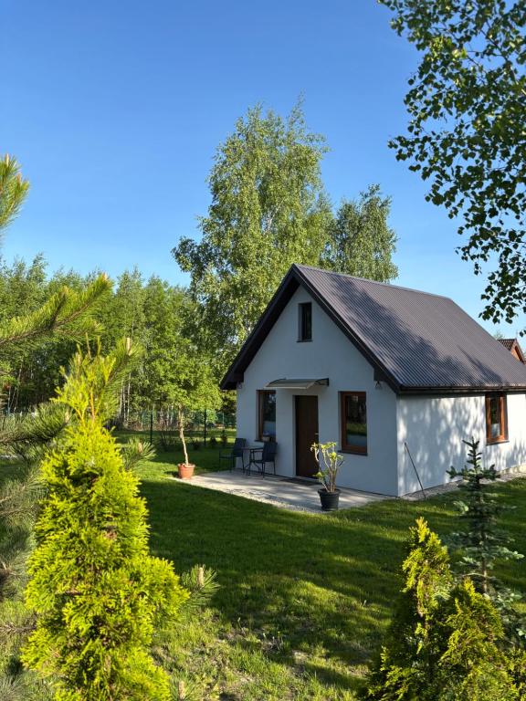 a small white cottage in the middle of a yard at Na domek do Pati in Przejma Wielka