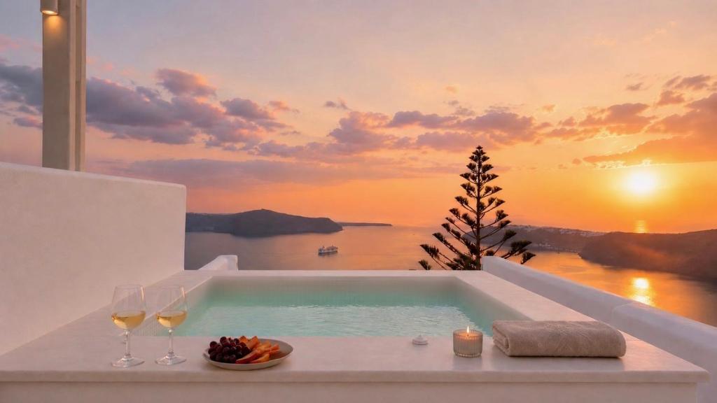 a bath tub with wine glasses and a sunset at Santorini Theasis Suites in Imerovigli