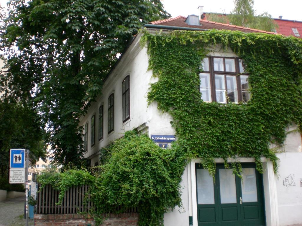 ein mit Efeu bedecktes Haus mit grüner Tür in der Unterkunft Apartment NiNi in Wien