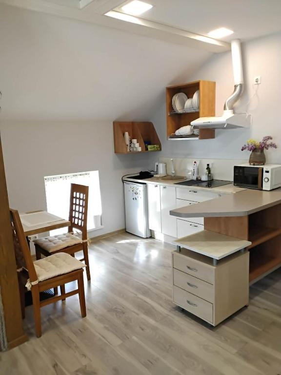 a kitchen with a counter and a table and a chair at Apartamentai Heydekrug in Šilutė