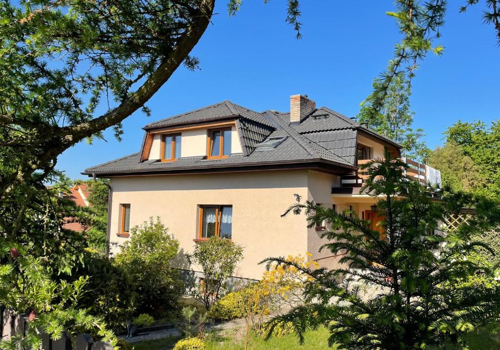 a house with a black roof at Vila Anička in Týnec nad Sázavou
