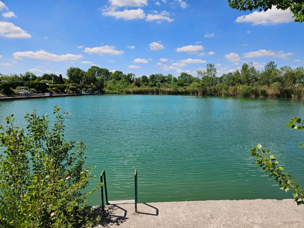 a view of a lake with trees in the background at Modernes Haus nahe See mit Garten & Terrasse in Velm