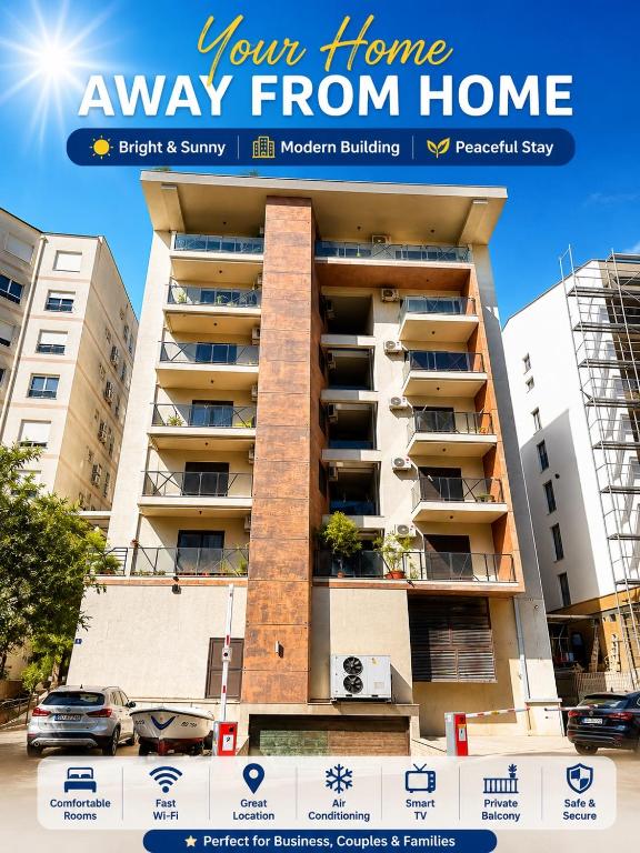 a poster of a building with the words your home away from home at Luxury Budva Apartment in Budva