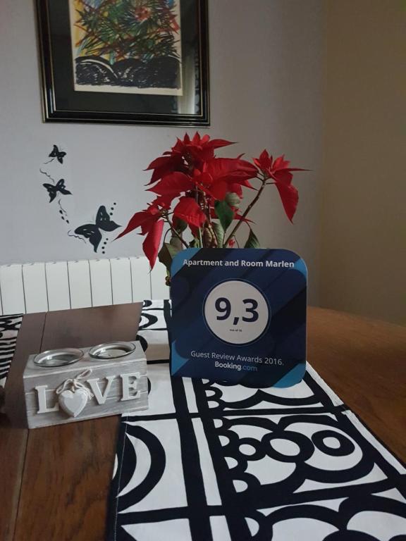 a table with a box and a vase with red flowers at Apartment and Room Marlen in Rovinjsko Selo