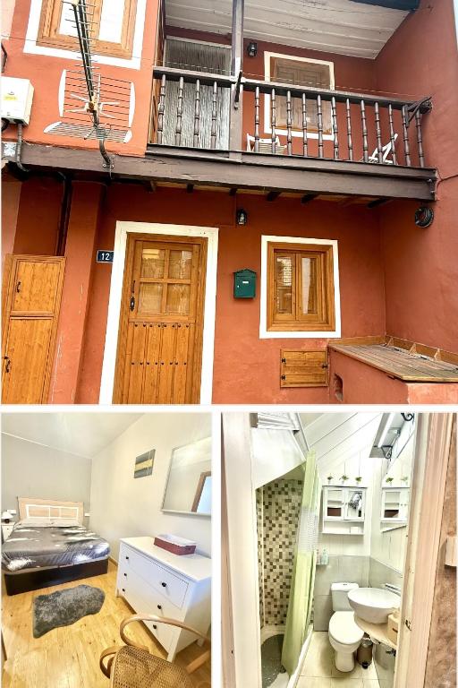 two pictures of a room with a balcony and a house at Casita Loredo in Mieres