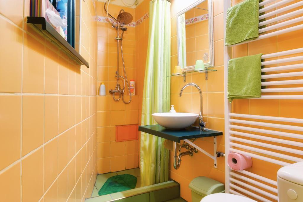 a bathroom with a sink and a toilet at Ráday Street Apartment Budapest in Budapest
