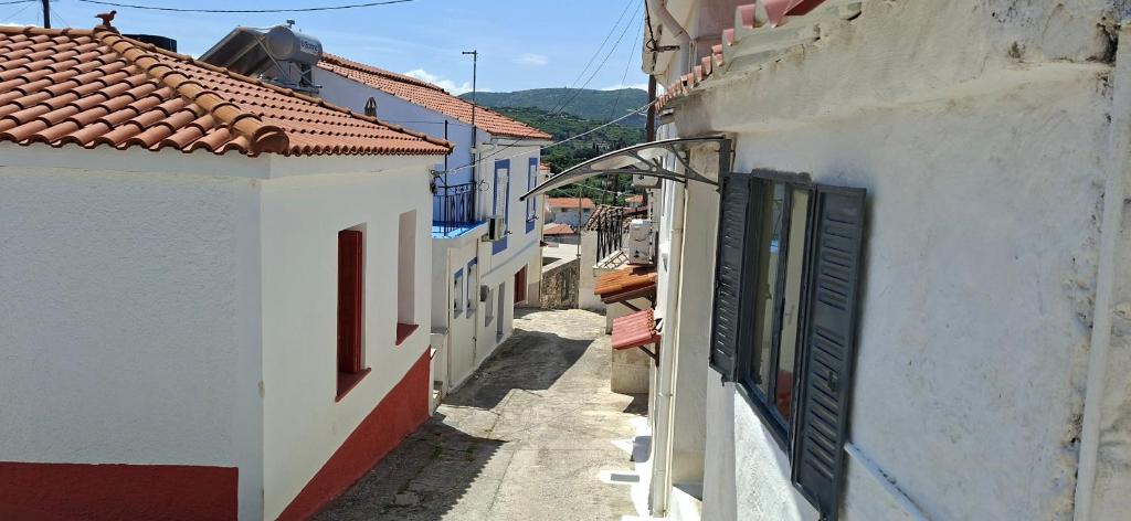 a narrow alley with white buildings and windows at Oikos Filon in Palaiókastron