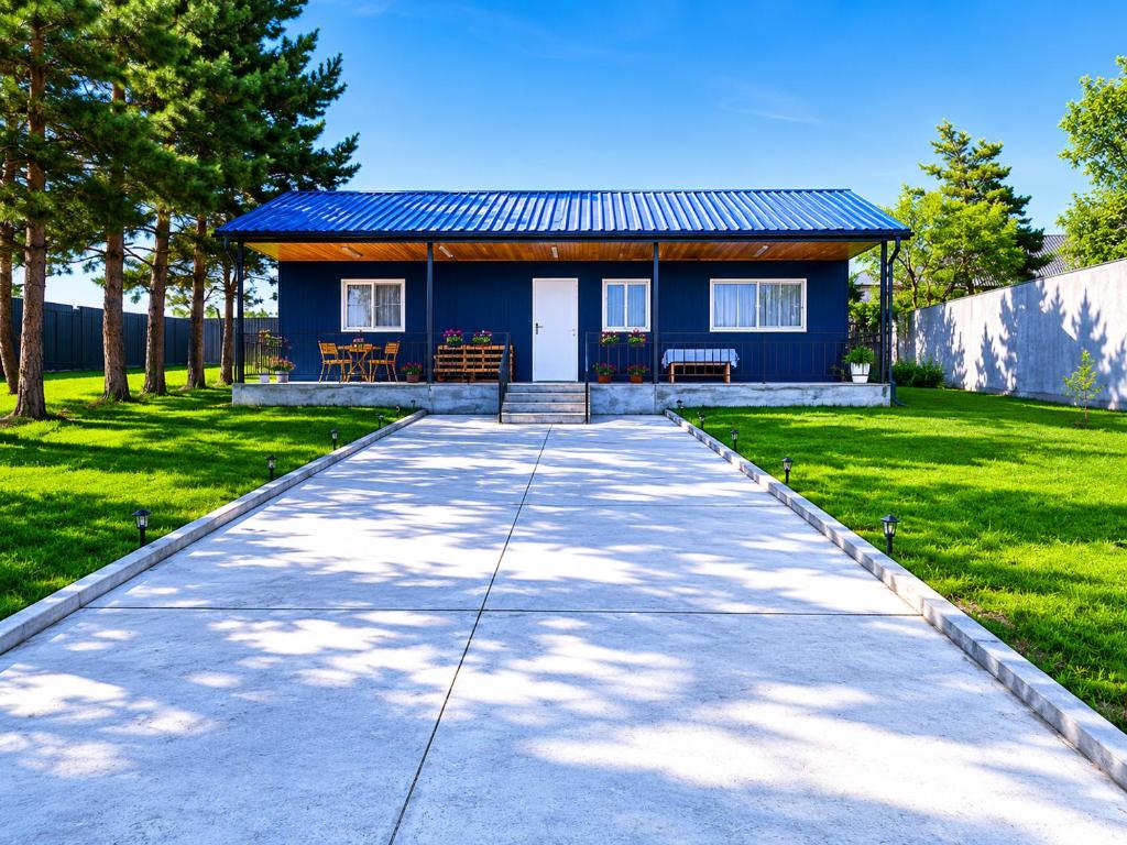 a blue house with a pathway leading to it at Bluebell Cottage in Tsalka